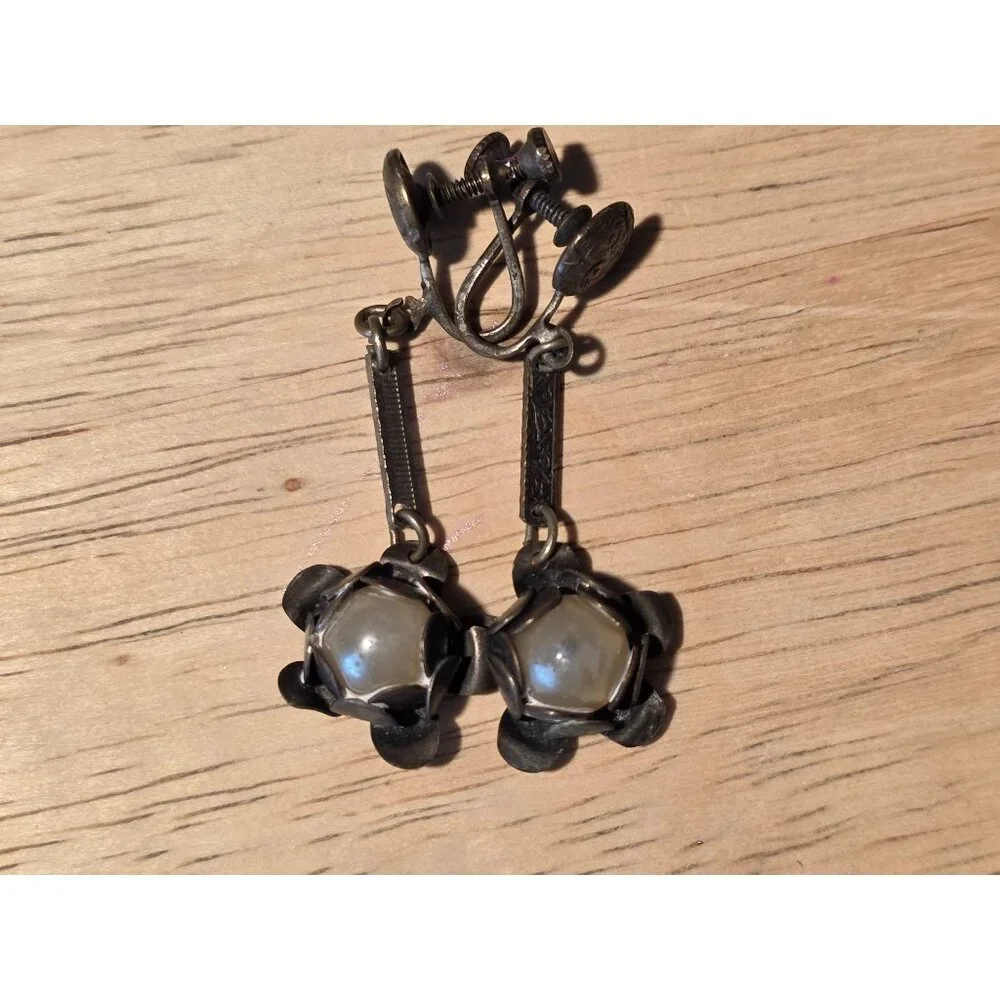 Vintage Screw‎ Back Floral Drop Earrings With Faux Pearl Accents